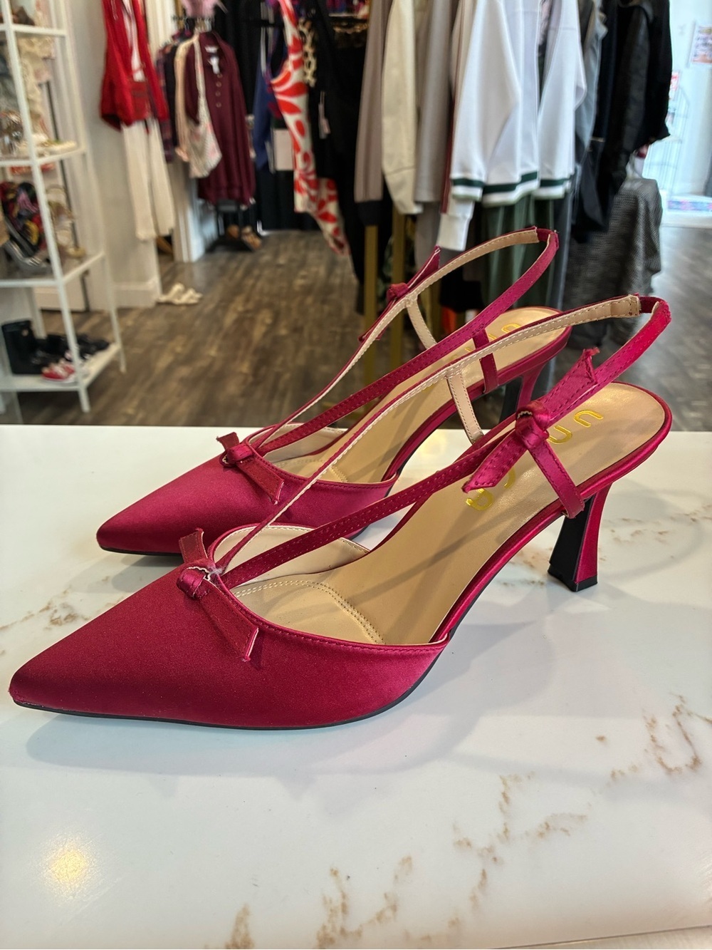 Unisa Satin Pointed-Toe Slingback Heels in Fuchsia size 10